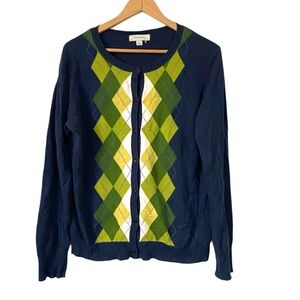 Merona Wool Blend Crew Neck Argyle Front Cardigan Sweater blue green Large